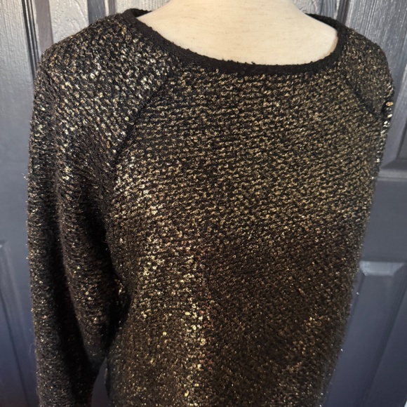 Alice + Olivia Metallic Gold Black Wool Blend Tweed Boxy Sweater Size S - Picture 3 of 6